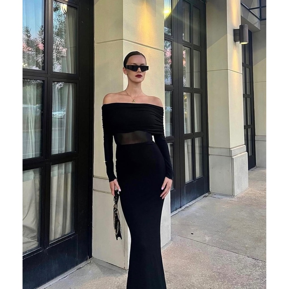 Commense Semi-Sheer Off-Shoulder Mesh Black Maxi  Long Sleeve size XS‎ - Picture 7 of 7